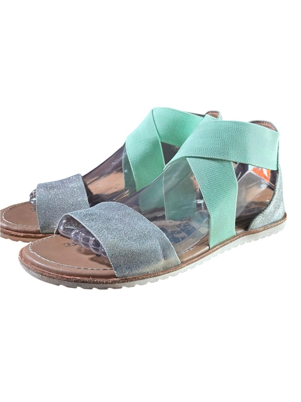 Sorel Ella Mint Green Elastic Crisscross Sandals with Silver Glitter Toe Sz 8